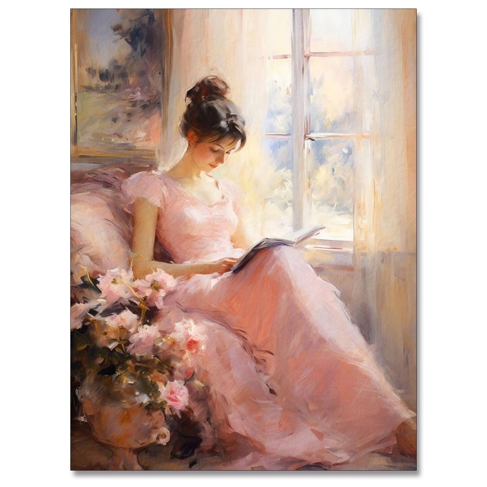 Huabsad Girls Oil Painting 01 Vintage Portrait Oil Painting Wall Art Retro Pink Reading A Book Posters Famous Antique Canvas Pictures Prints Wall Decor Aesthetic For Bedroom Gallery Dorm 12X16in Unframed