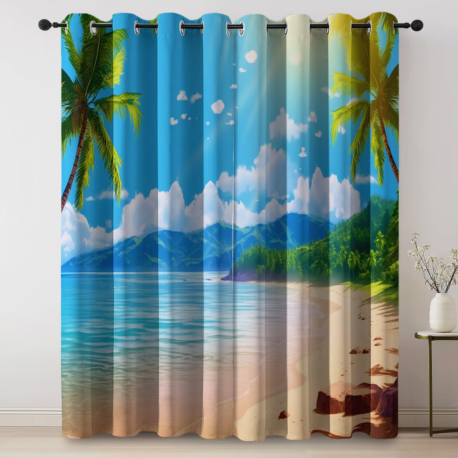 Blau Grün Verdunklungsgardinen mit Ösen Kälteschutz Thermogardine Hitzeschutz, H 200 x B 70 cm (2er Pack) Landschaft Tropischer Strand Berge Palmen Blickdichte Vorhänge für Wohnzimmer