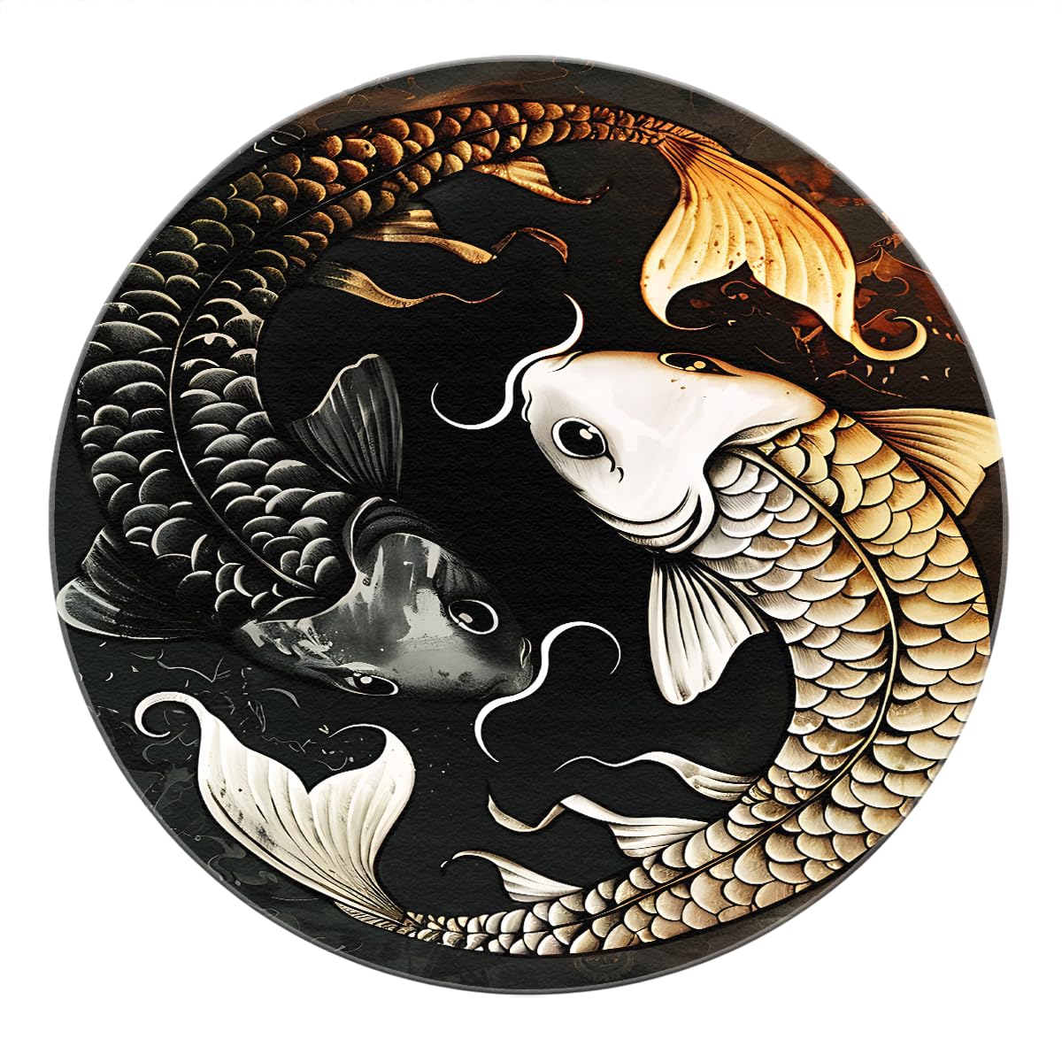 Japonais Carpe Round Carpette 100cm Lit Koi Poisson Graphique Abstrait Motif Art Lavable antidérapant résistant Tache Fin Salle Manger Circulaire véranda Tapis