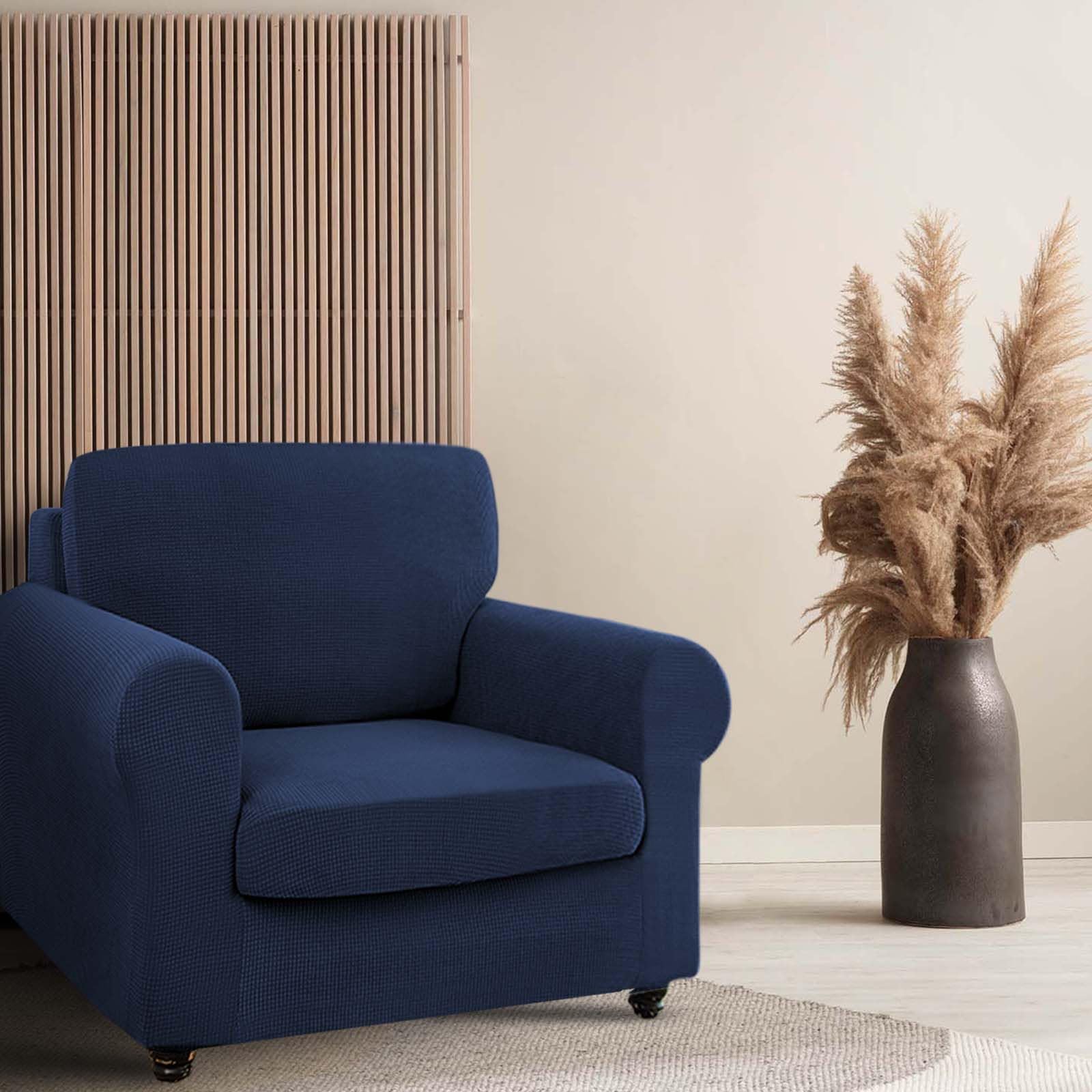 RANNPHAN 3 Piece Stretch Armchair Cover Chair Slipcovers, Washable Sofa Cover for 1 Backrest and Seat Non Slip Sofa Slipcover Furniture Protector with Elastic Bottom-Navy Blue-Small