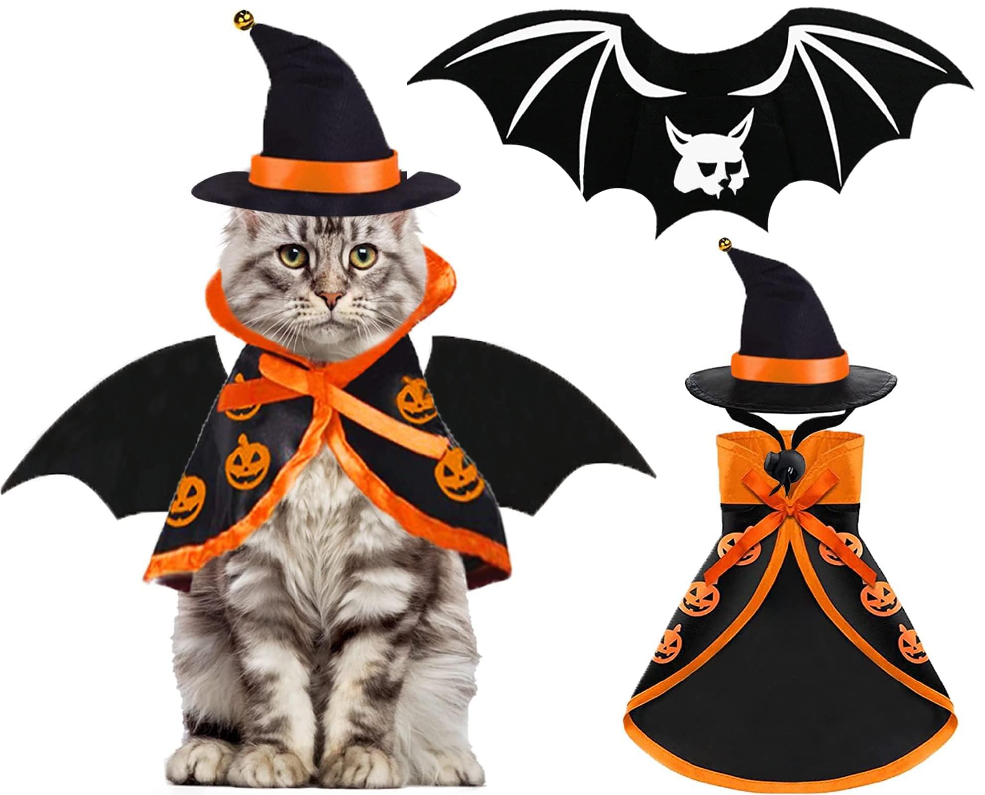 Halloween Cat Costume Bat Wings Witch Cloak Wizard Hat 3 PCS Pet Costumes for Small Cats Kittens Cosplay Halloween Party Decoration Bat Costume Cat Dress Up Accessories