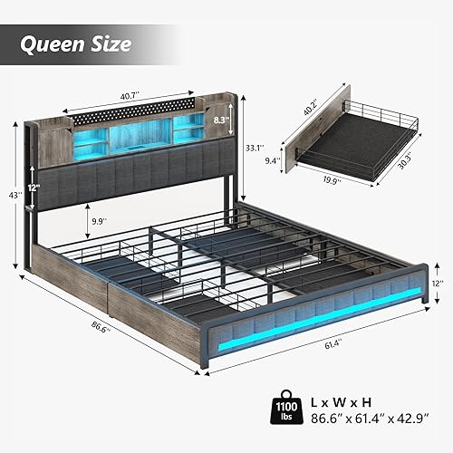 Miniatura 2 de CSZZD Base de cama Queen con 4 cajones de almacenamiento y cabecera de estantería, marco de cama LED tapizado Queen con estación de carga tipo C y