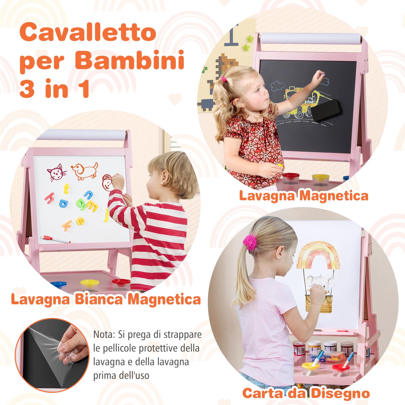 RELAX4LIFE 3 in 1 Lavagna per Bambini, Cavalletto con Doppia Faccia Magnetica e Lavagna Bianca, Rotolo di Carta, Scaffale Doppio e 2 Cesto in Tessuto Pieghevole, 3 Tazze, Legno per 3+Anni (Rosa)