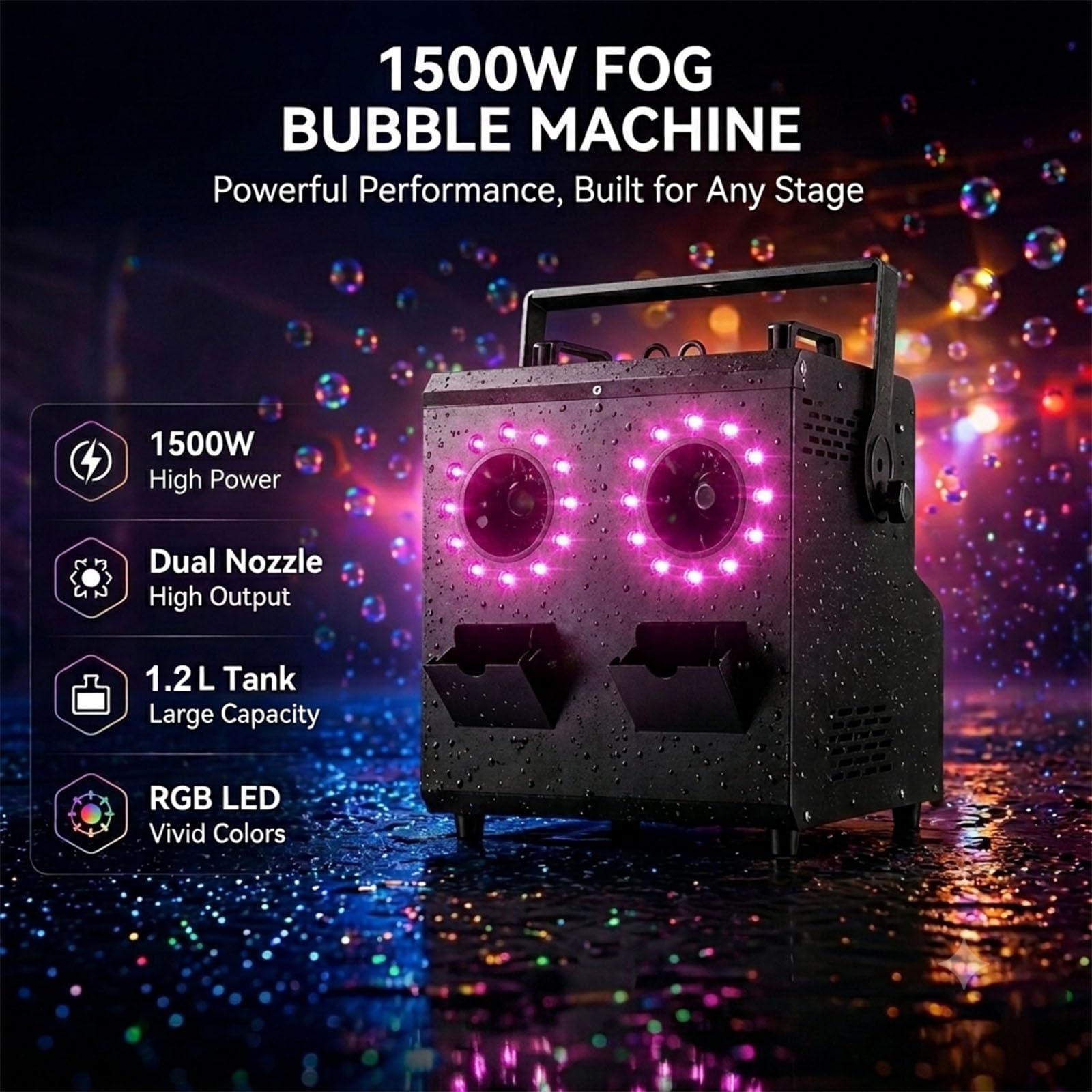 Maszyna do baniek z łącznością DMX512, zintegrowane efekty przeciwmgielne, moc 1200 W, podwójne porty, oświetlenie RGB, szybkie nagrzewanie, szeroki zasięg na imprezy i imprezy