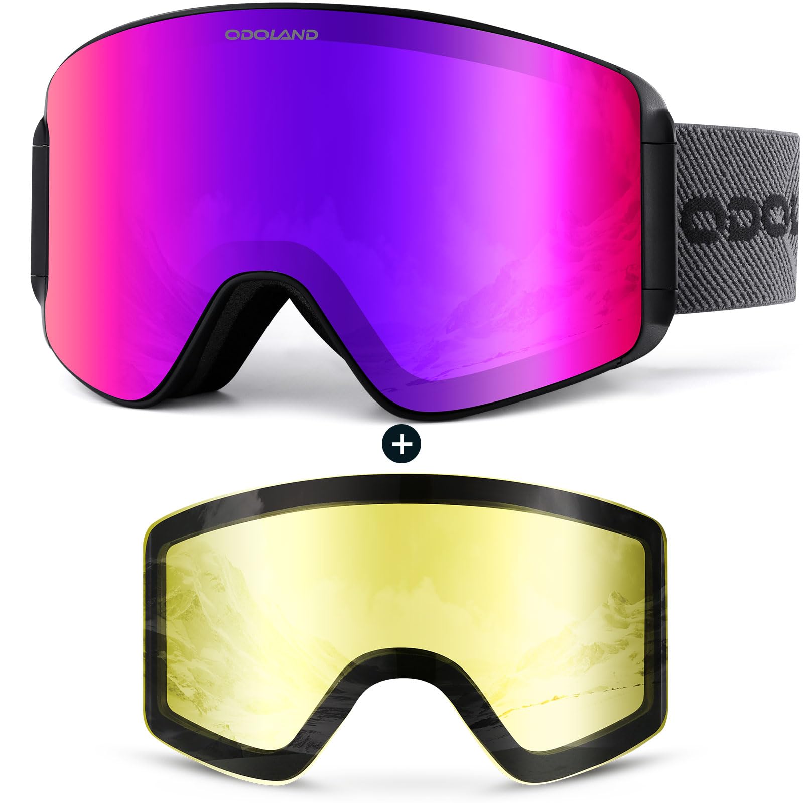 Odoland Kit di Maschera da sci con Lente Rimovibile, Lenti Intercambiabili Magnetico Senza Cornice, Occhiali da Sci Anti-nebbia con Protezione UV400, per Uomini e Donne, Compatibile con Casco
