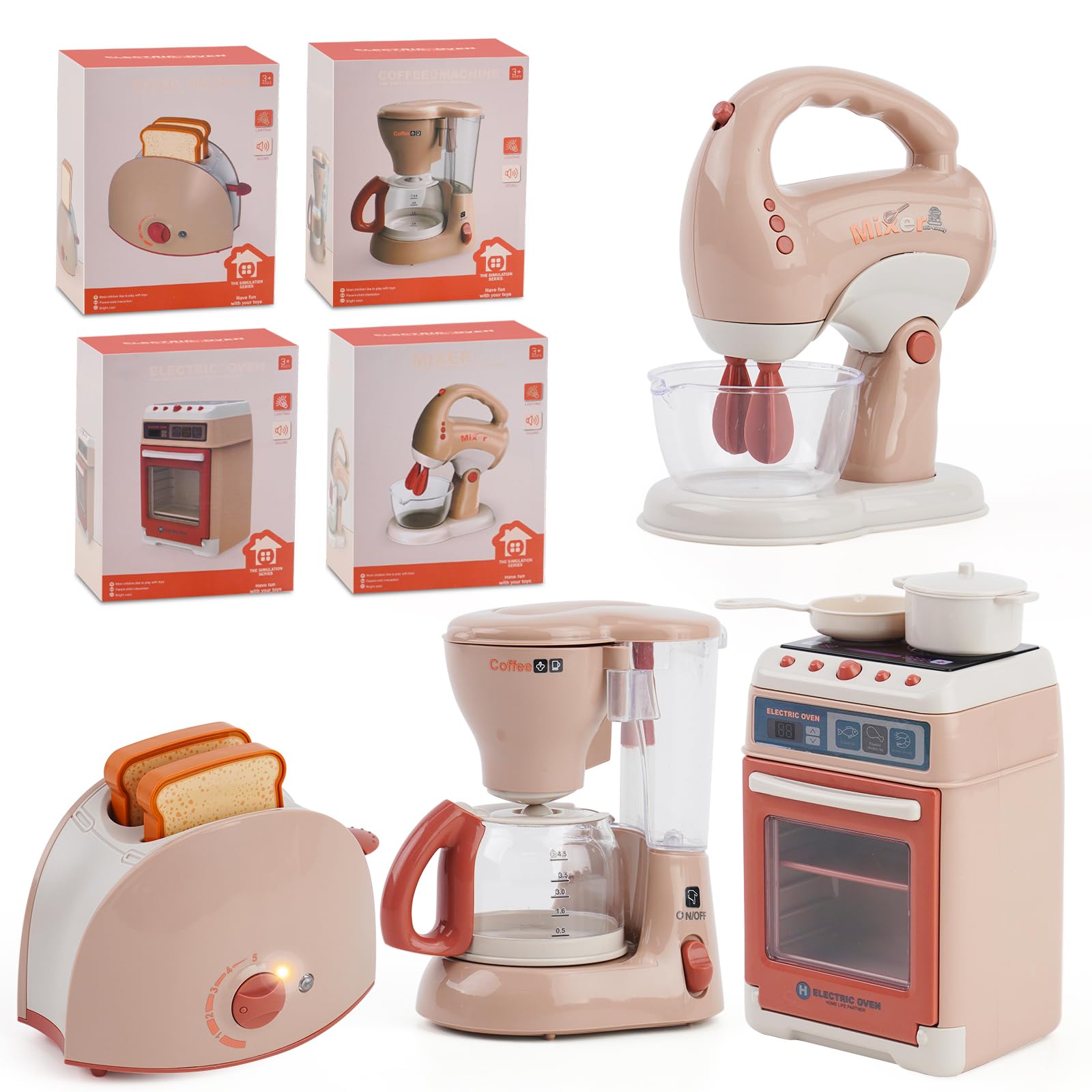 Pretend Play Kitchen Appliances Toys,Pretend Role Play Toys with Coffee Maker, Blender, Toaster and Mixer with Realistic Lights& Sounds, Ages 3+