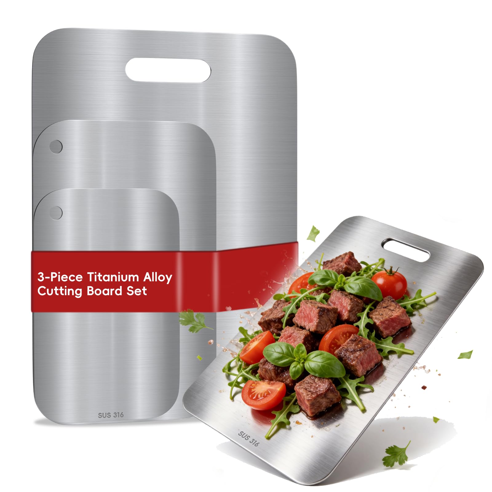 3 Pezzi Tagliere Acciaio Inox 316 Alimentare, Doppio Lato Reversibile, Igienico Antibatterico e Resistente, per Carne, Verdura, Frutta e Pane, Set da Cucina Professionale