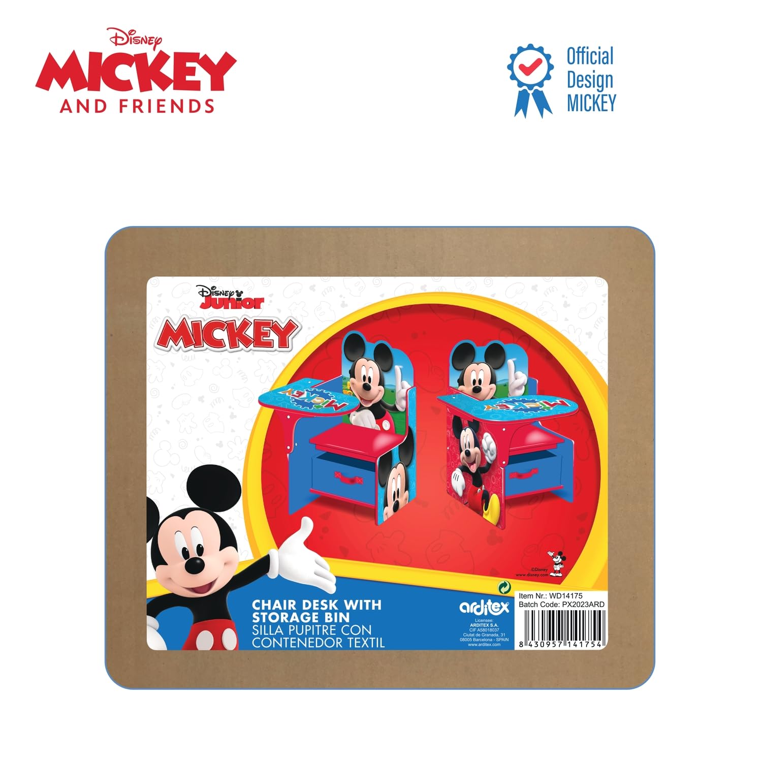 ARDITEX - Sedia-Banco infantile in legno con contenitore in tessuto di Mickey Mouse di Disney - 62x30x60cm - Colore Rosso - Ideale per attività creative, studio o gioco.