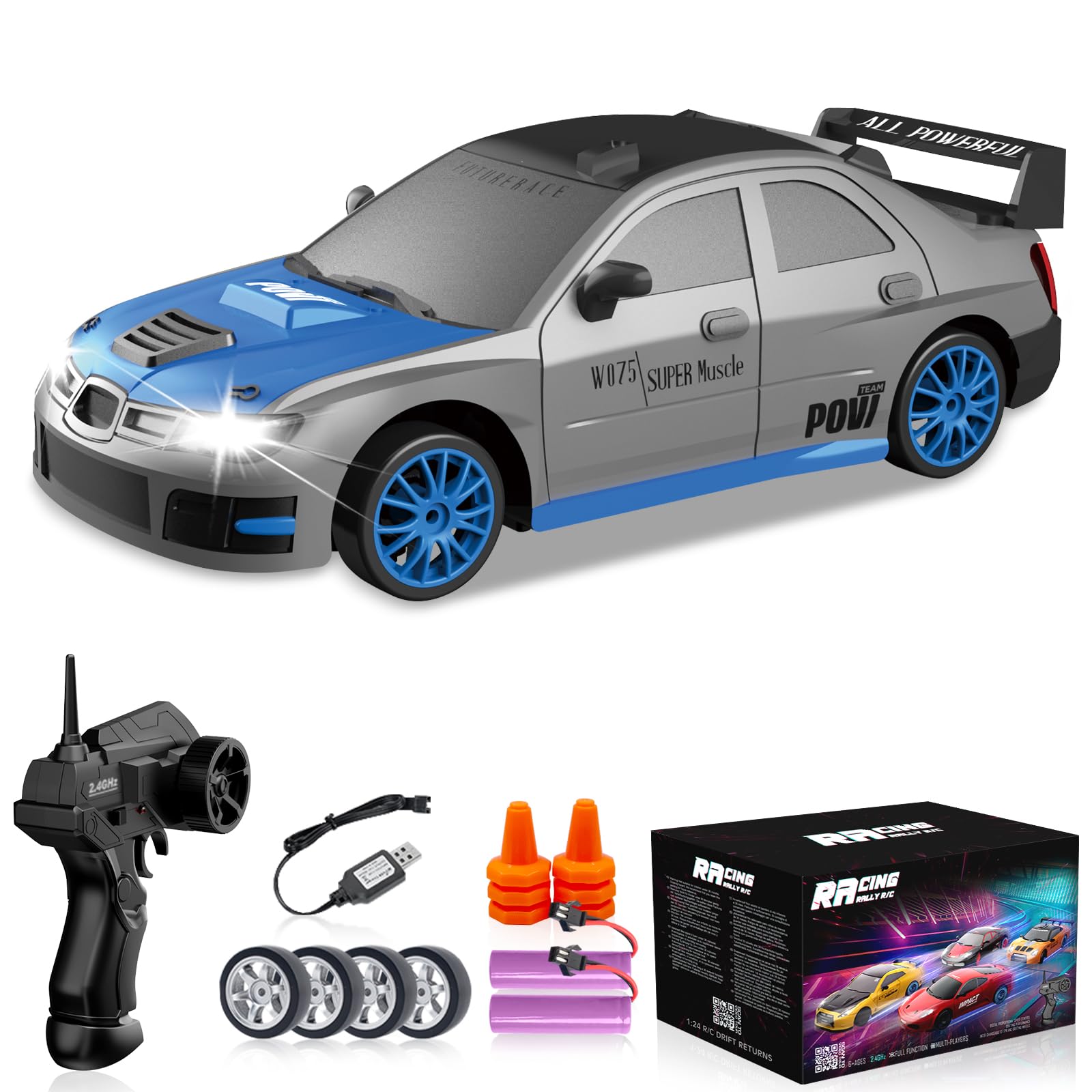 RC Drift Car, 1/24 2.4GHz 4WD Remote Control Car High Speed Drift RC Cars with LED Lights, 2 Rechargeable Battery and Drifting Tires Racing Toy Cars for Kids Boys Girls Adults(Grey)