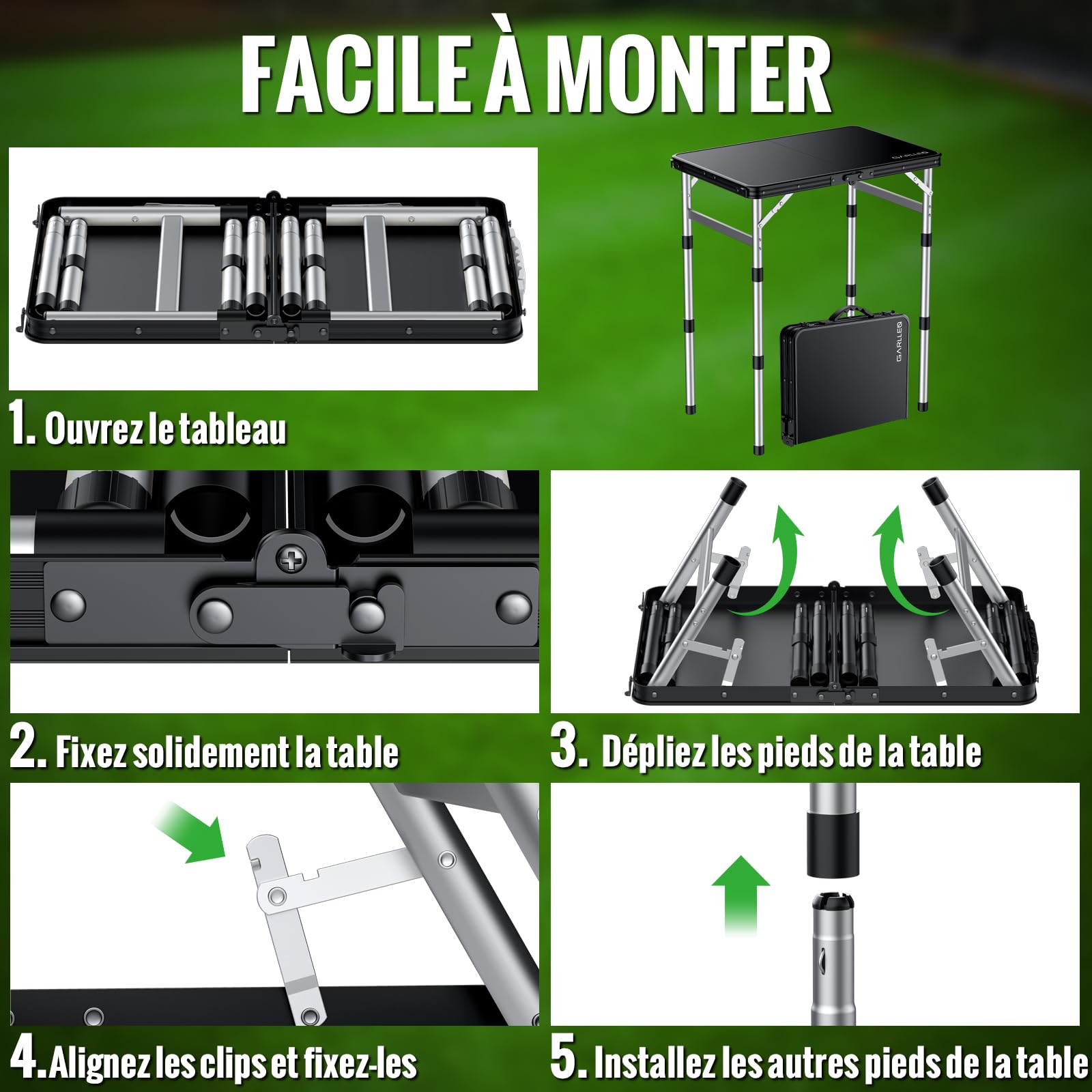 GARLLEN Table de Camping avec Dessus de Table en Plastique Haute densité imperméable, Table de Pique-Nique Portable en Hauteur réglable avec Cadre en Aluminium, Table d'extérieur pour Barbecue | Table Pliante Exterieur à 3 Hauteurs Réglables,Table de Piqu