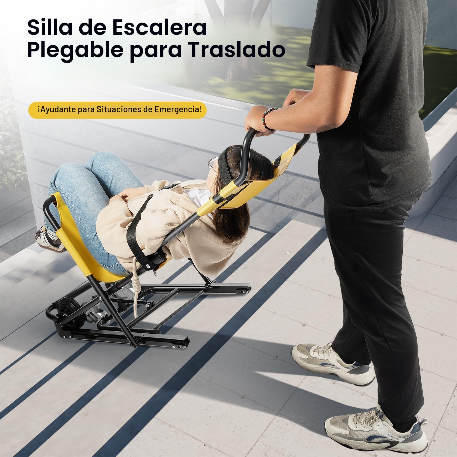 Silla de ruedas plegable para subir escaleras plegable, con reposacabezas ajustable y cinturones de seguridad