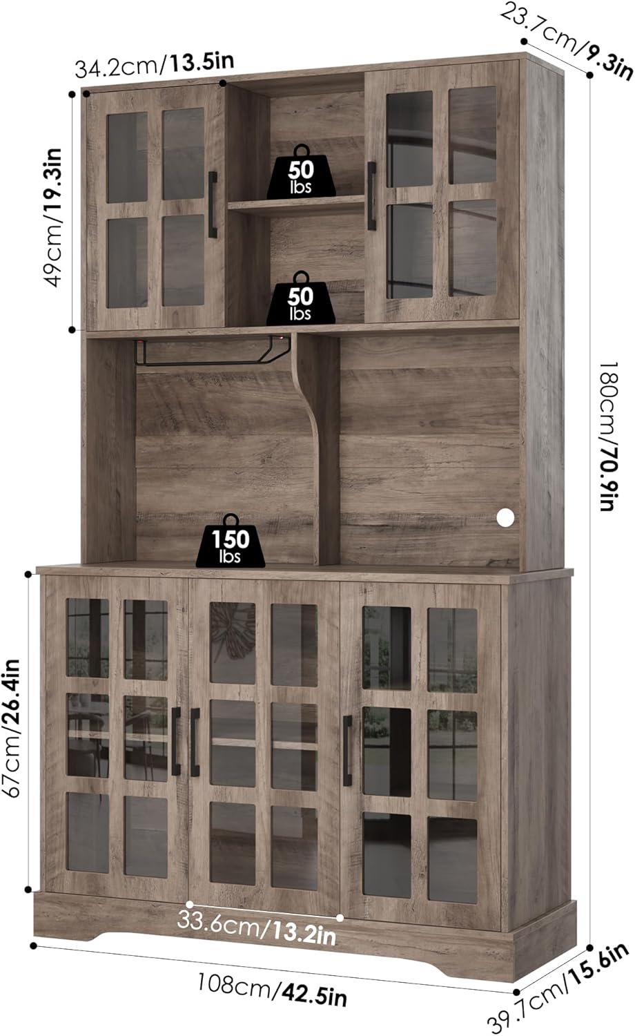Keyluv Kitchen Pantry Storage Cabinet 71" Tall Freestanding Pantry Cabinet, Farmhouse Glass Door Buffet with Oven Countertop, Large Wood Hutch for Kitchen, Living Room and Dining Room, Rustic