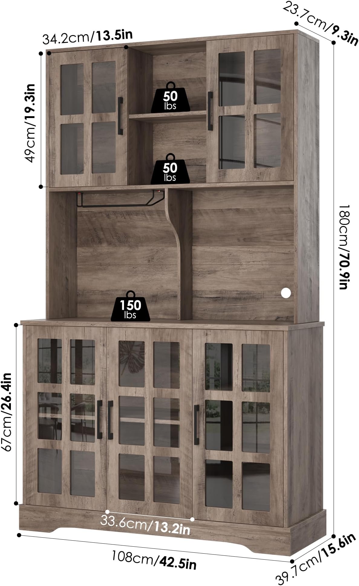 Keyluv Kitchen Pantry Storage Cabinet 71" Tall Freestanding Pantry Cabinet, Farmhouse Glass Door Buffet with Oven Countertop, Large Wood Hutch for Kitchen, Living Room and Dining Room, Rustic