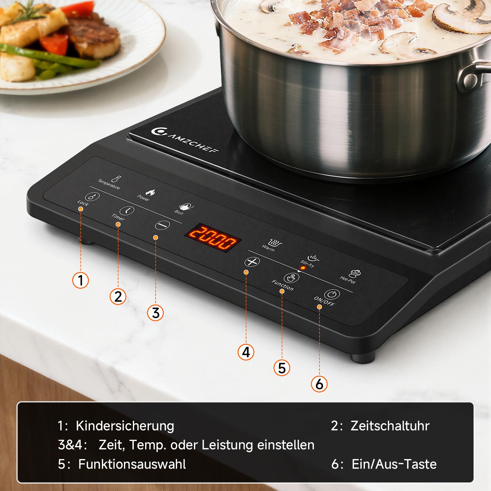 AMZCHEF Induktionskochfeld 1 Platte, Tragbares Induktionskochplatte, 20 Temperatureinstellungen und Leistungsstufen, Schlankes Design mit Schwarzer Keramikplatte, Sensorsteuerung, 3H Timer.