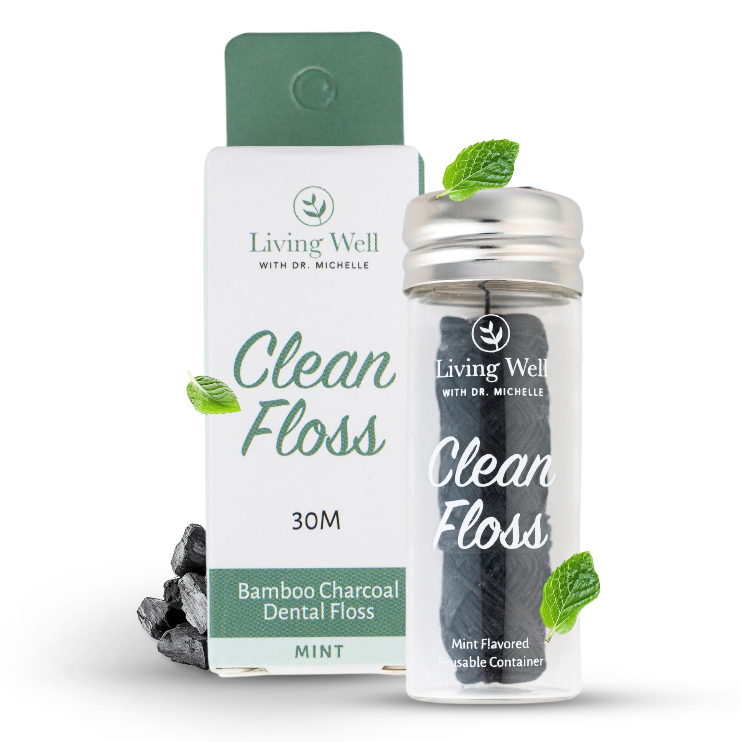 Living Well Bamboo Charcoal Dental Floss – Natural, Vegan, Biodegradable, PFAS-Free – Eco-Friendly Floss with Glass Jar – Zero Waste Oral Care
