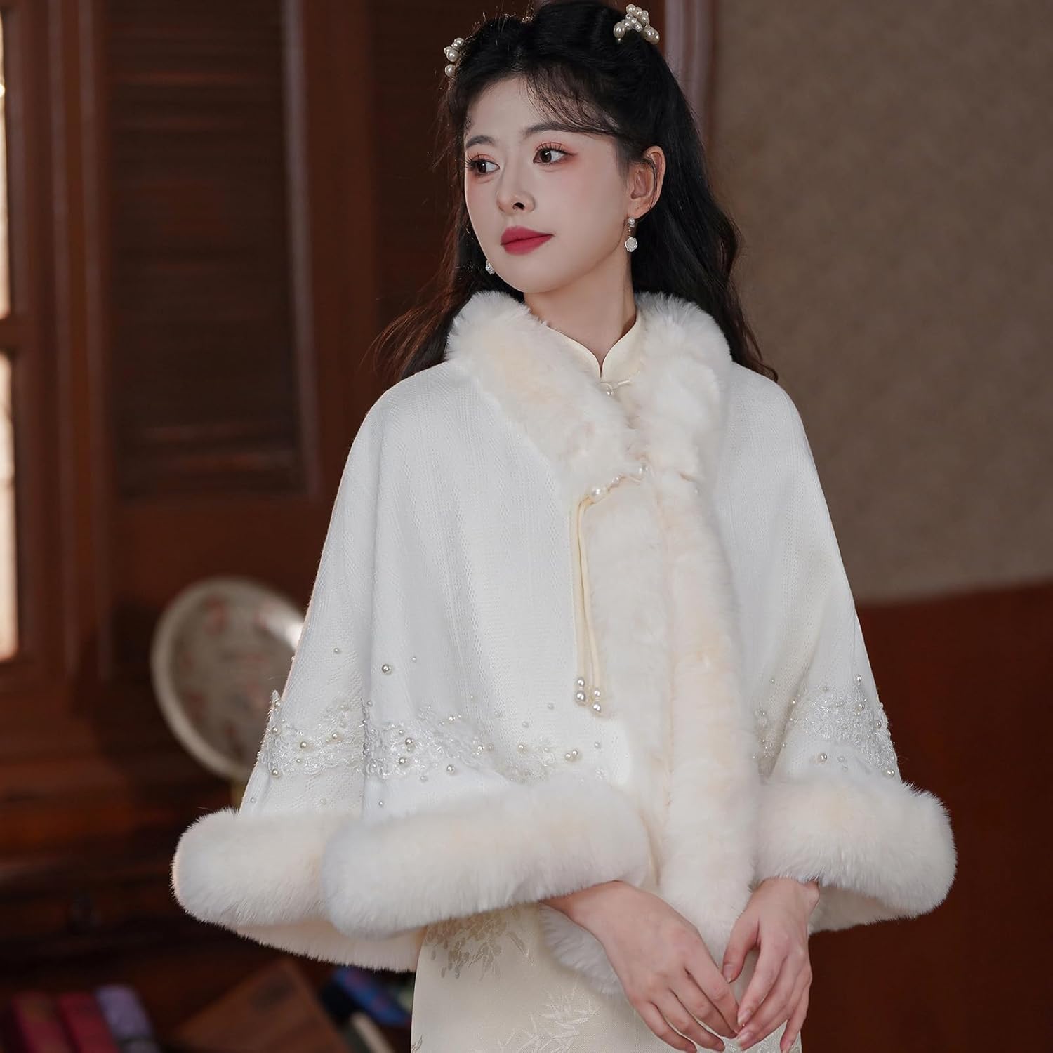 Pearls Shawl Winter Scarf Warm Plush Shawl for Women Lightweight Polyester Cold Weather Accessory