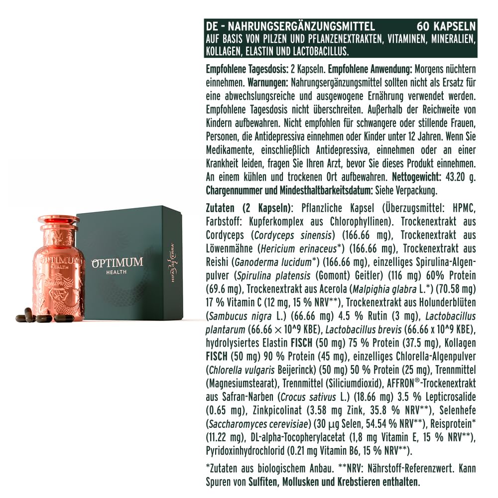 HIFAS DA TERRA – Nutrikosmetik Vitalpilze Supplement Optimum Health mit Pilzextrakt: Cordyceps, Reishi, Löwenmähne. Welcome Pack mit wiederverwendbarer Flasche + 60 Kapseln. Schönheit und Wohlbefinden
