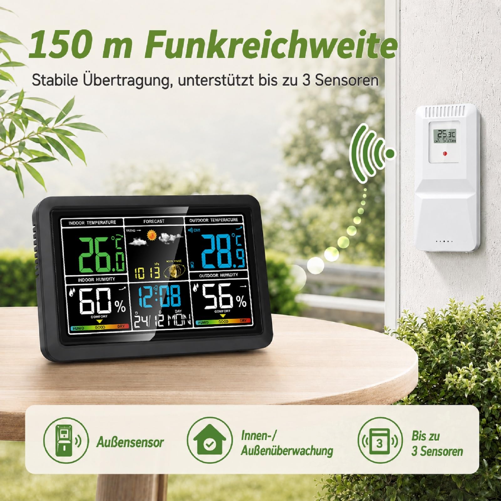 Wetterstation Funk mit Außensensor, Innen- und Außentemperatur, Luftfeuchtigkeit, Wettervorhersage, Luftdruck, Mondphase, Wecker mit Schlummerfunktion, für Wohnzimmer, Schlafzimmer und Garten.