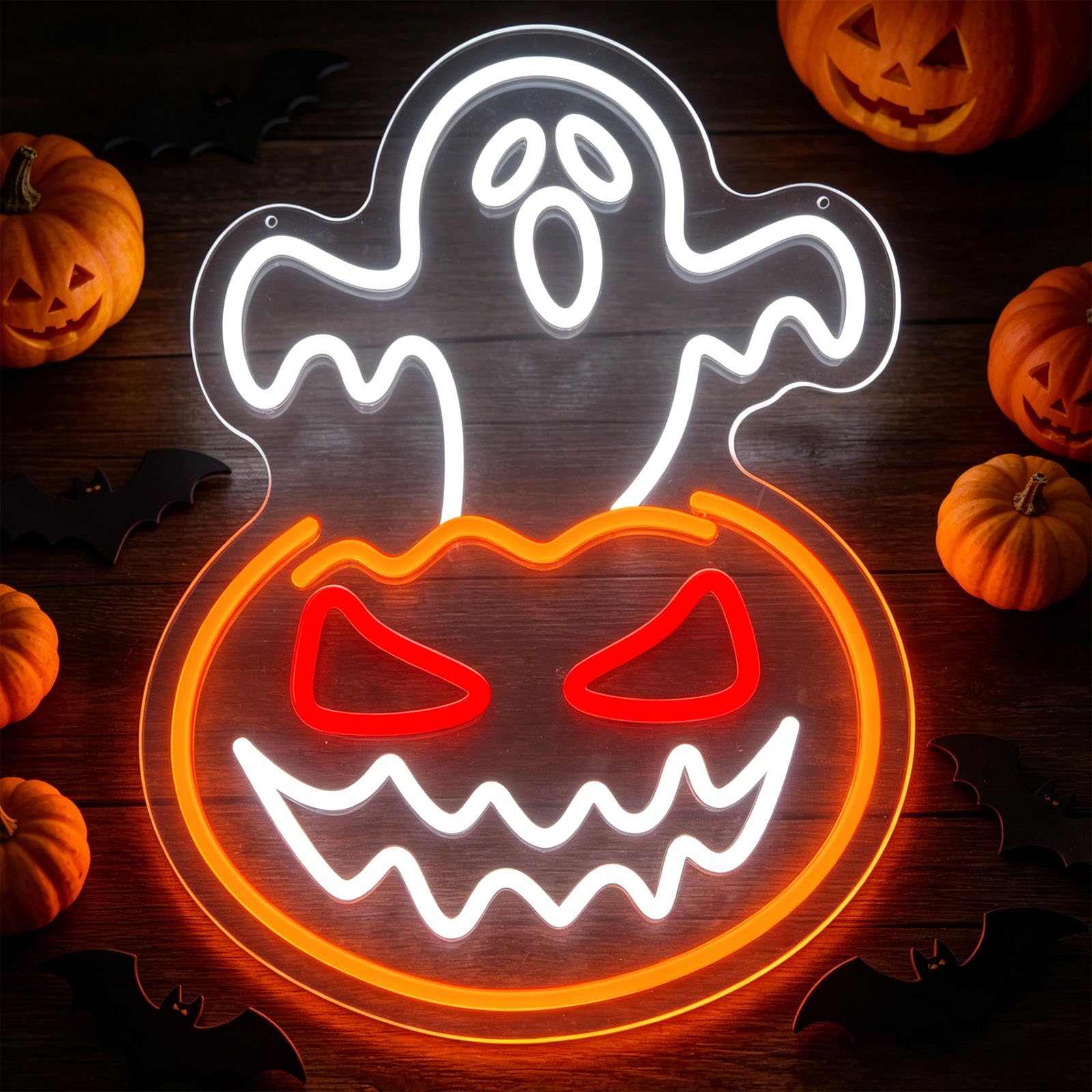 Ghost Face LED Neon Light for Wall Decor Acrylic Spooky Pumpkin Neon Light Up Signs Halloween Ghost Pumpkin Neon Sign for Children's Room Game Room Restaurant (D 12.8 in × W 16.9 in)