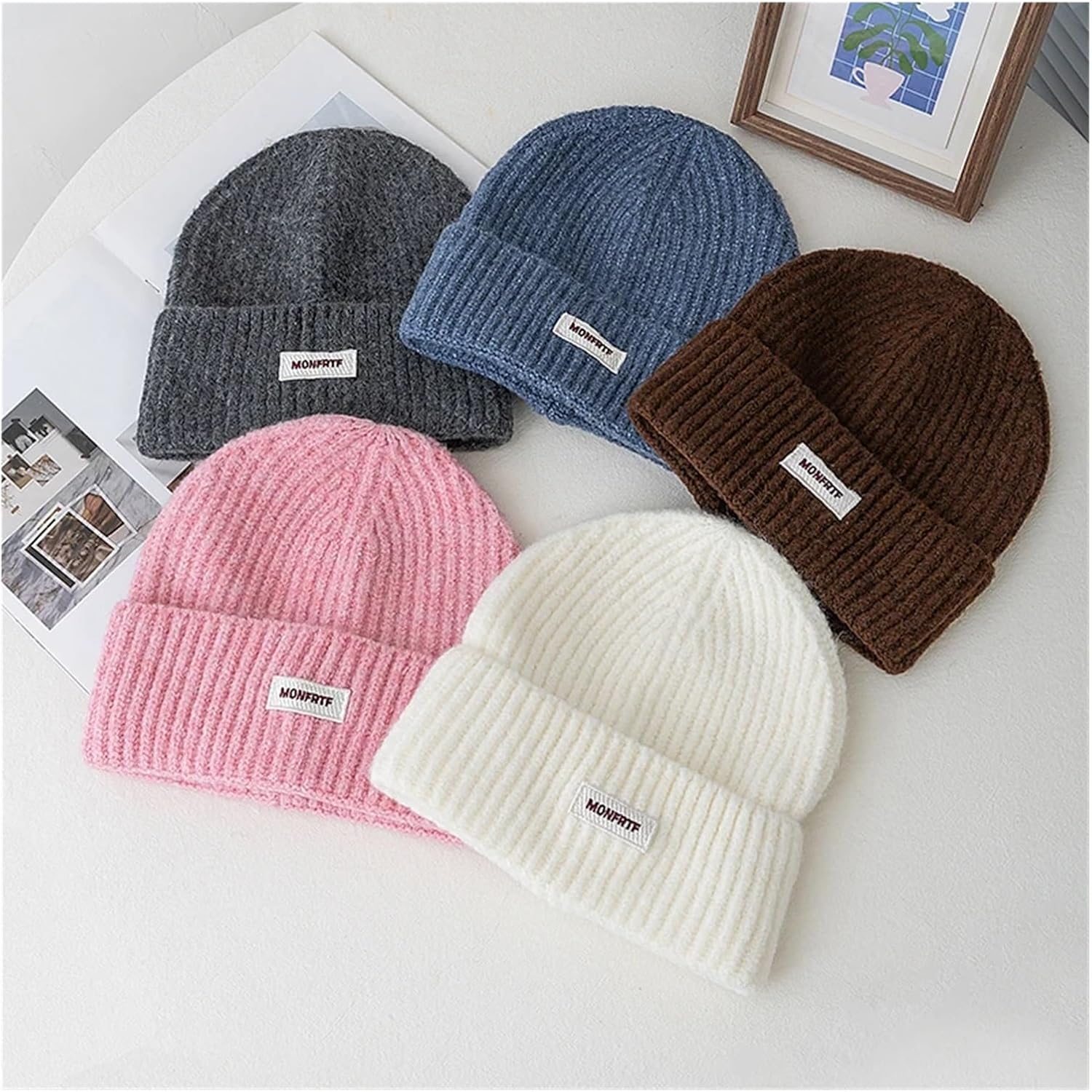 1 x Y2K Winter Style Loose Hat for Women, Warm, Plain Colour, with MONFRTF Letters, Fabric for Girls