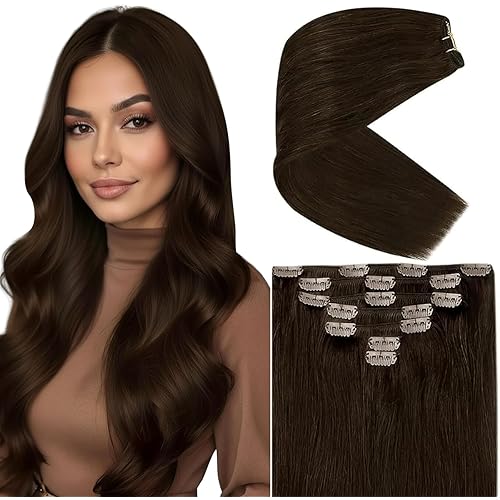 Ve Sunny Clip in Human Hair Extensions Dark Brown Clip in Hair Extensions 24 inch Hair Extensions Clip ins Real Hair Clip in Extensions Long Straight Hair 7pcs 120g