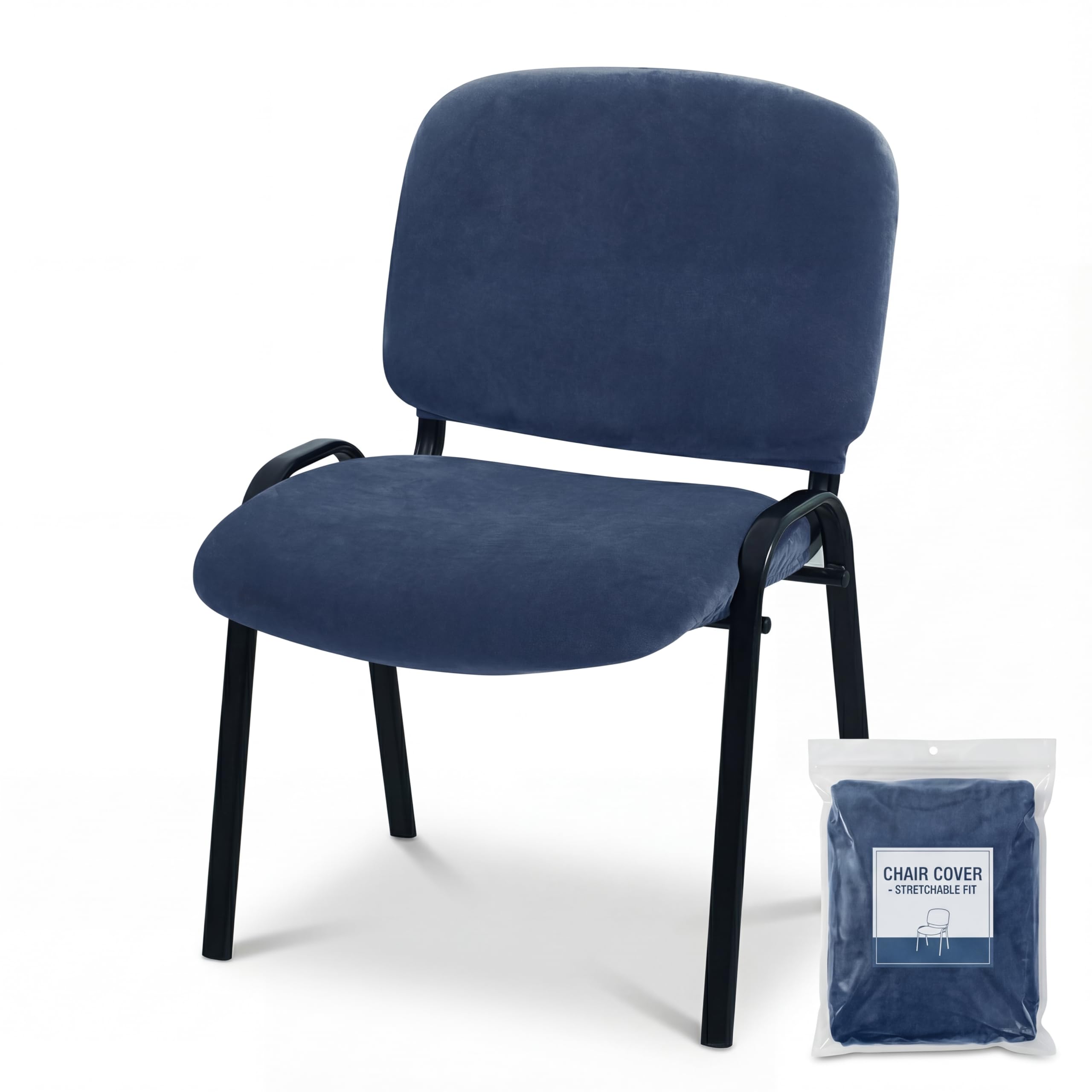 Deisy Dee Stretch Velvet Slipcover for Stacking Chairs - Universal Fit for Office, Conference, Waiting Room & Guest Chairs (Back & Seat Covers) (Navy)
