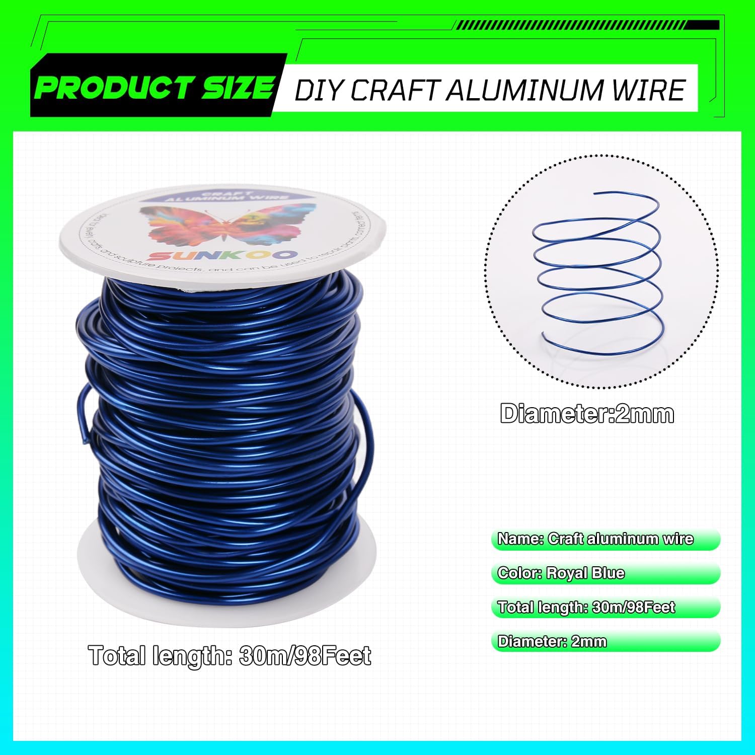 Sunkoo 12 Gauge 2mm Sapphire Blue Aluminium Craft Wire,98.4Ft Bendable Wire for Jewellery Making Sculpting, Floristry - Image 2