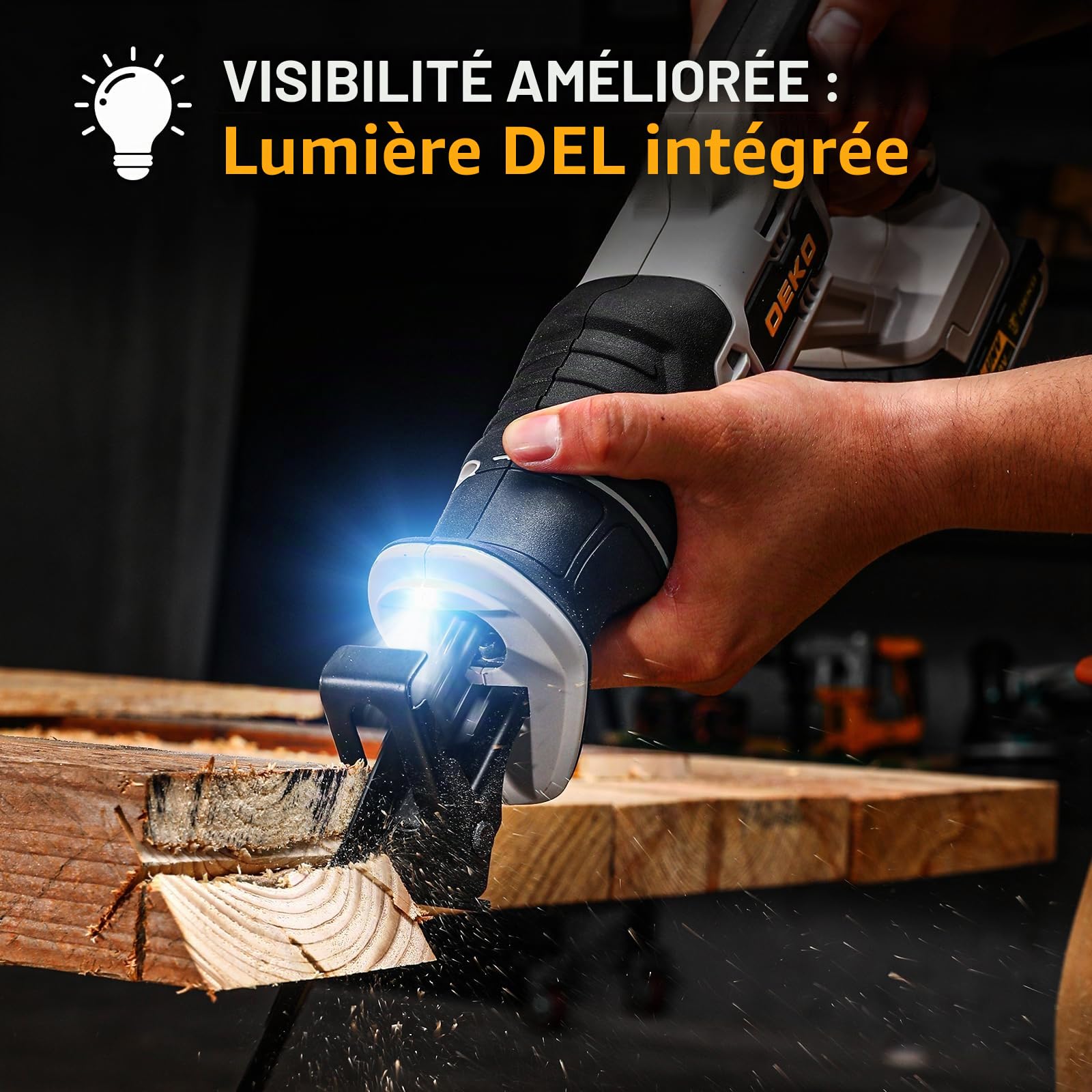 Scie Sabre Sans Fil: DEKOPRO 20V Scie Sabre - Changement de Lame Sans Outil, avec 2x2Ah Batterie, Vitesse Variable 3200 SPM, Course 20mm, LED - Scie Electrique Bois pour Métal/PVC/Jardin