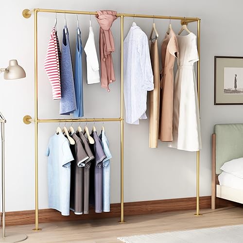 Miniatura 2 de DR.IRON Percheros de ropa de tubería industrial dorados con barra doble, estantes de ropa de tubería industrial montados en la pared, barras de