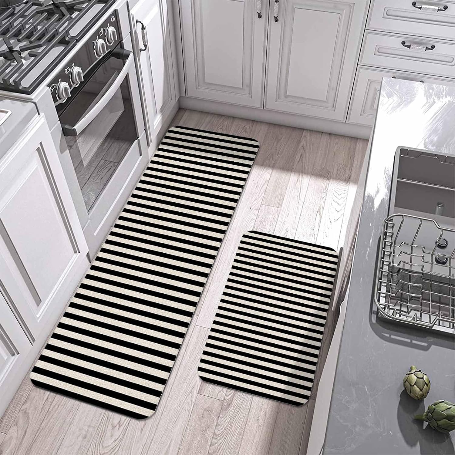 Prime Leader Simple White Striped Kitchen Mat Set 2 Pieces Black Stripe Vintage Linen Texture Non Slip Kitchen Rugs Washable Runner Rug Mats for Sink Laundry (19.7" x 31.5"+19.7" x 47.2")