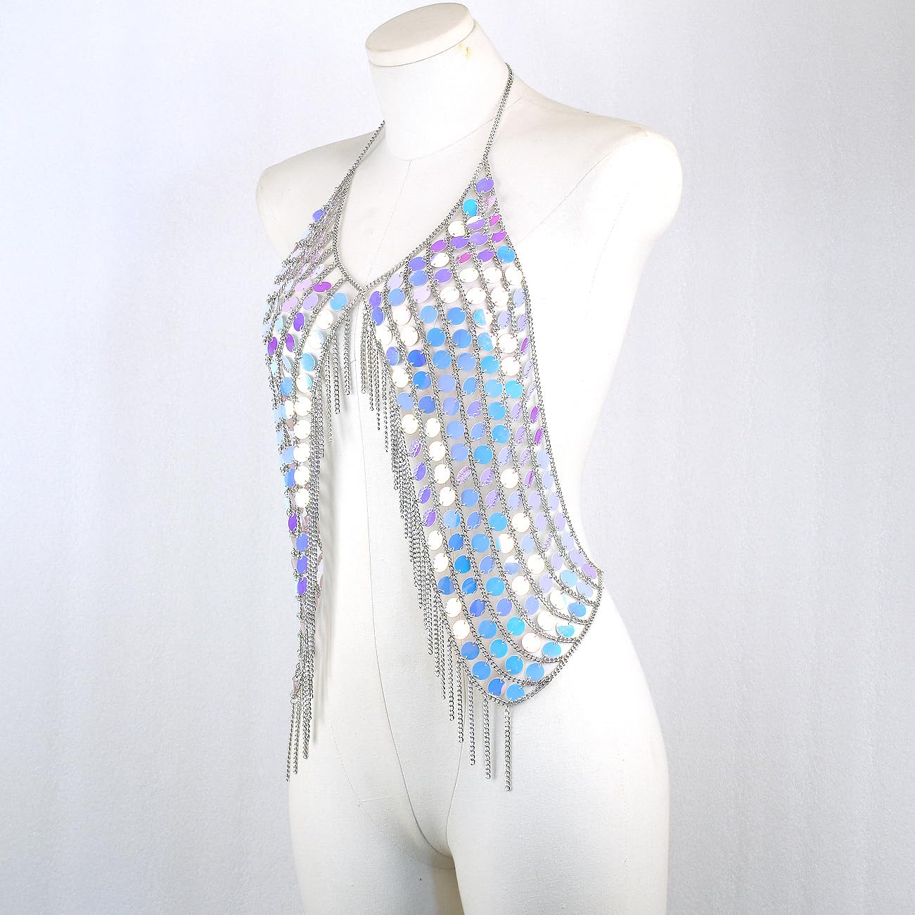 CHRAN Chaîne de poitrine sexy pour femme avec paillettes et dos nu Argenté Doré