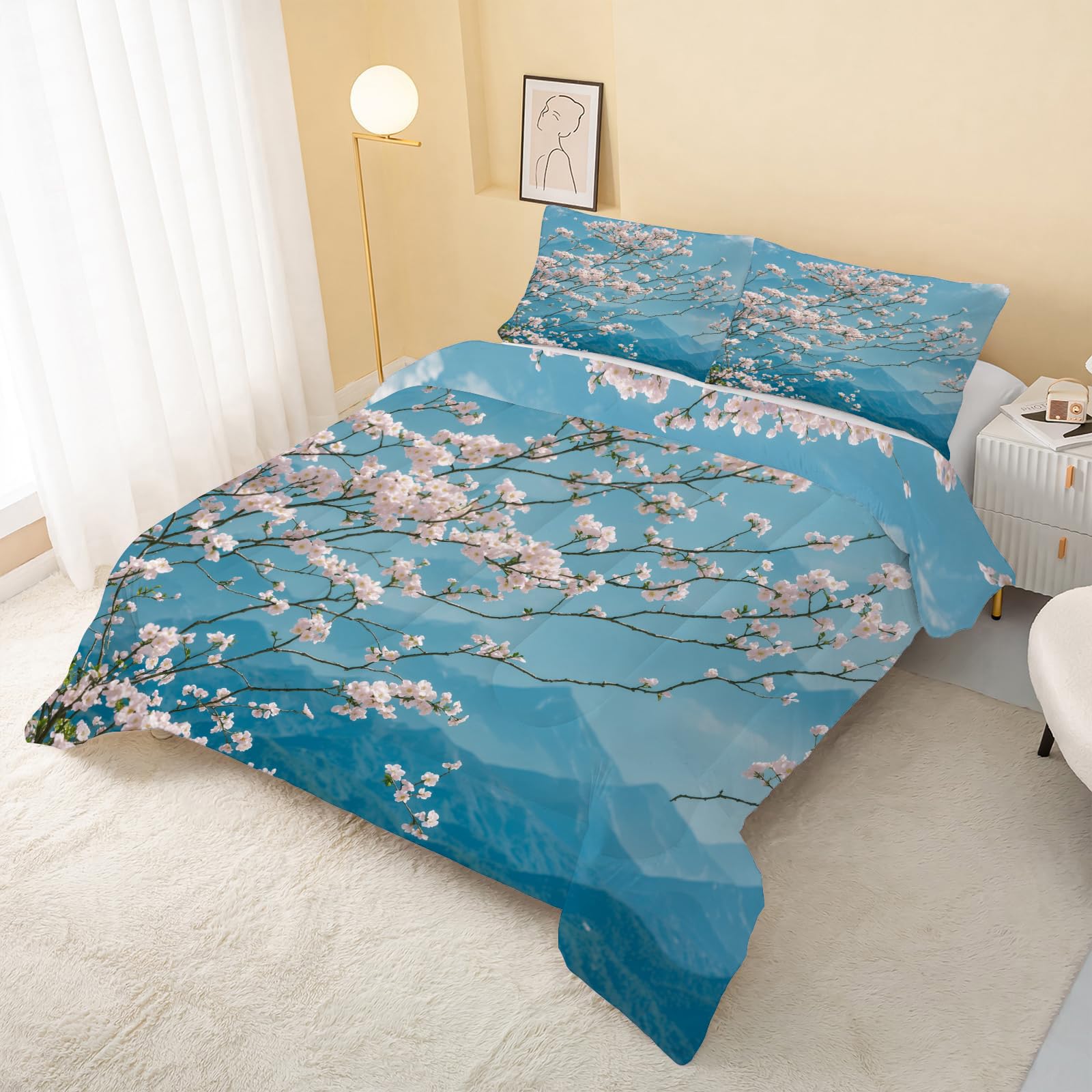 Bettdecke 155x220 Rosa Bettdecke Ohne Bezug, 4 Jahreszeiten Bettdecke Wende 240GSM, Bettdecken Kinderbettdecke Waschbar Steppdecke 155x220 mit 2 Kissenbezug 80x80cm, Blau, Japanische Kirschblüten
