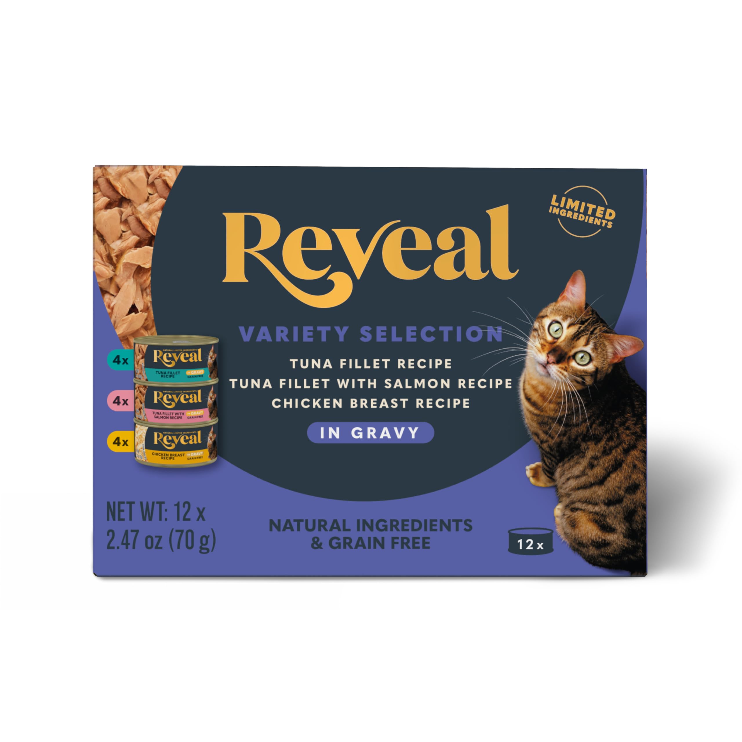 Reveal Natural Wet Canned Cat Food, Limited and Natural Ingredients, Grain Free, High Protein with No Artificial Additives, Fish and Chicken Variety in Gravy, (12 x 2.47 oz Cans)