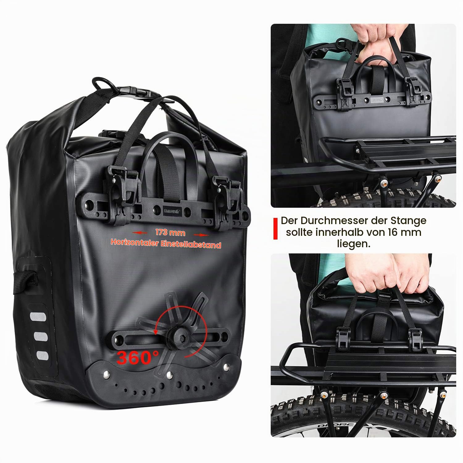 Rhinowalk Fahrradtasche Wasserdicht Gepäckträgertasche Fahrrad Gepäckträger Seitentaschen Rolltop Radtasche Hinterradtasche
