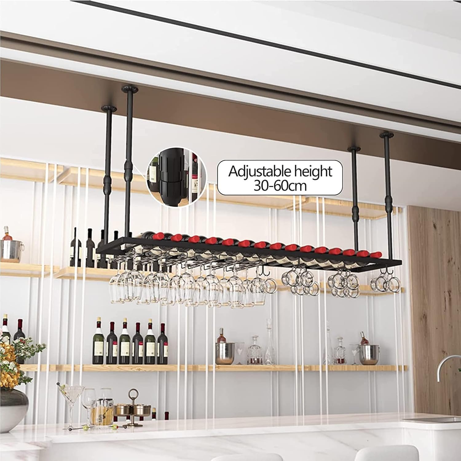 Hanging Wine Glass Holder Wine Rack,Ceiling Wine Holder Adjustable Height,Wall-Mounted Iron Wine Glass Rack,Black Stemware Rack for Bars Restaurants Kitchens