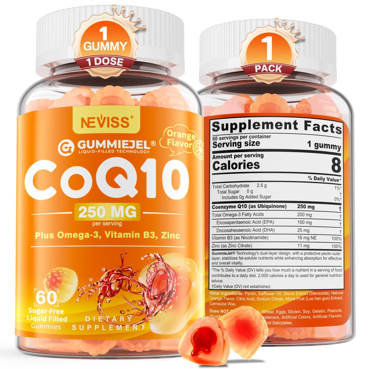 Sugar-Free CoQ10-250mg / 500mg Filled Gummies - Plus Omega-3, EPA + DHA, B3 & Zinc - Ultra Co Q-10 Supplements for Hear-t Health, Cellular Energy, Antioxidant Support, Up to 60 Day Supply, Vegan 60Cts