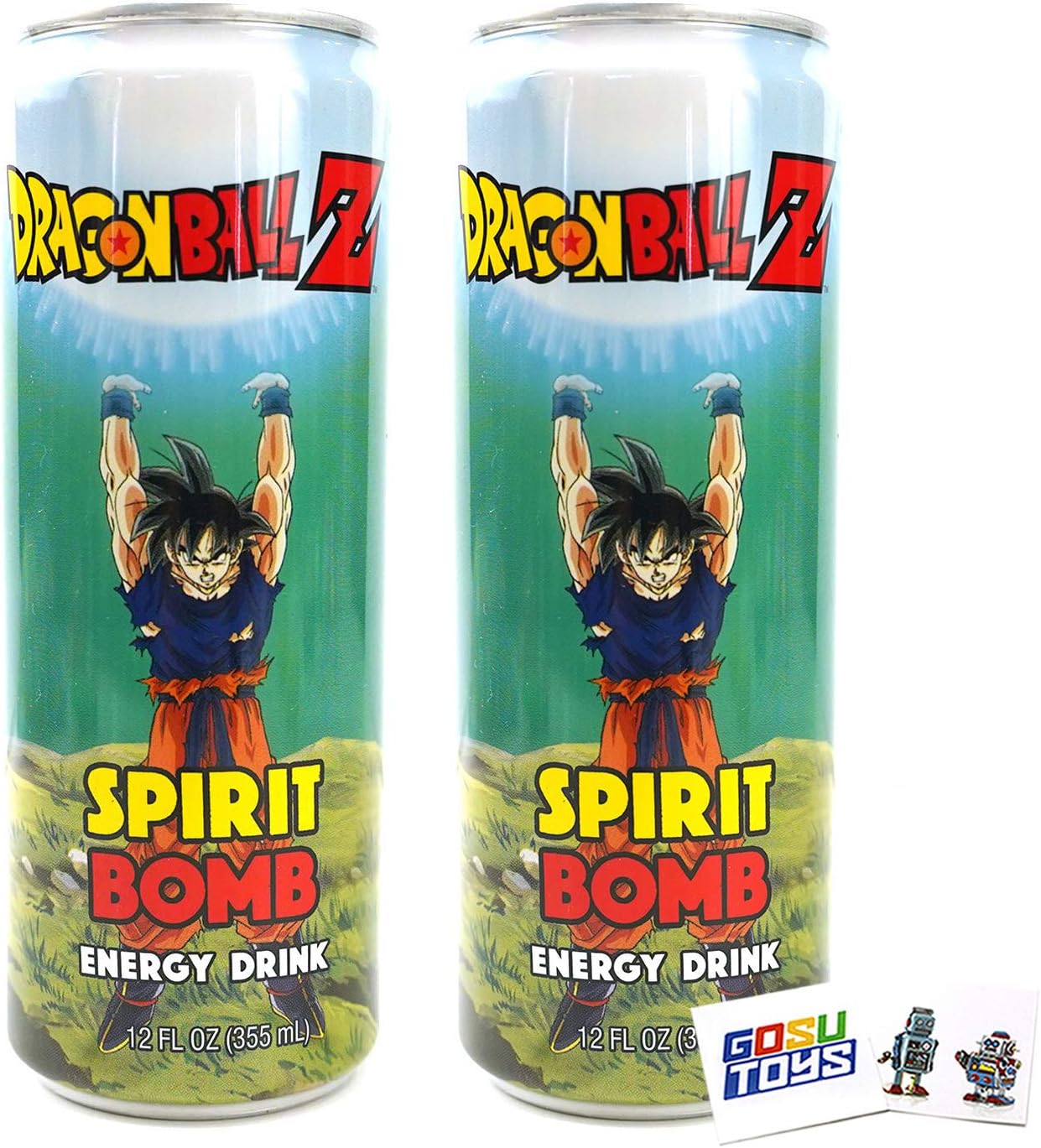 Dragon Ball Z Spirit Bomb Energy Drink 12 FL OZ (355mL) (2 Pack) DBZ Goku Can With 2 GosuToys Stickers