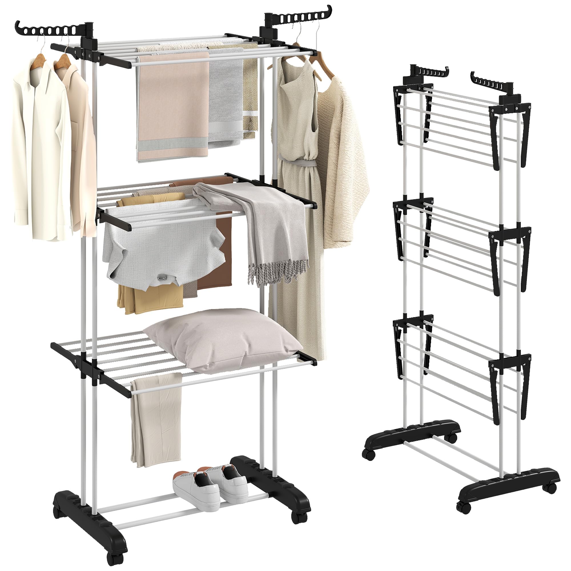 HOMCOM Tendedero Plegable para Ropa con Ruedas Tendedero Vertical de Acero Tipo Torre de 3 Niveles con Alas Plegables y Colgadores Giratorios Carga 70 kg 73x64x172 cm Negro y Blanco