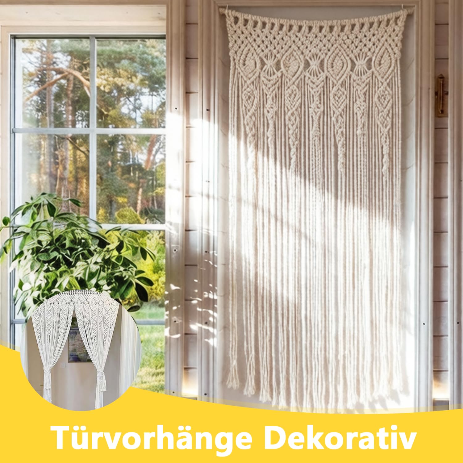 Boho Makramee Vorhang, Handgefertigter Türvorhang mit Fransen aus Baumwollseil, Türhänger & Raumteiler für Schlafzimmer Wohnzimmer Balkontür, Boho Style Wanddeko, 100x200cm