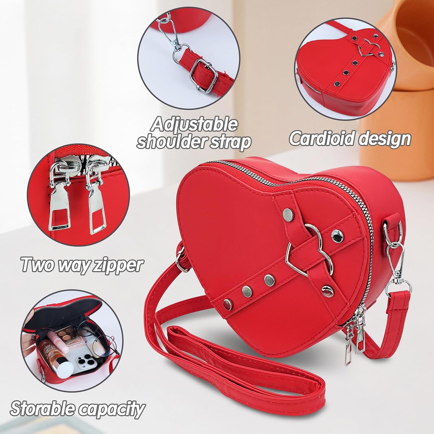 Heart Shaped Bag, PU Leather Small Crossbody Bags Heart Shaped Crossbody Purse, Heart Purse Mini Crossbody Bag - Image 5