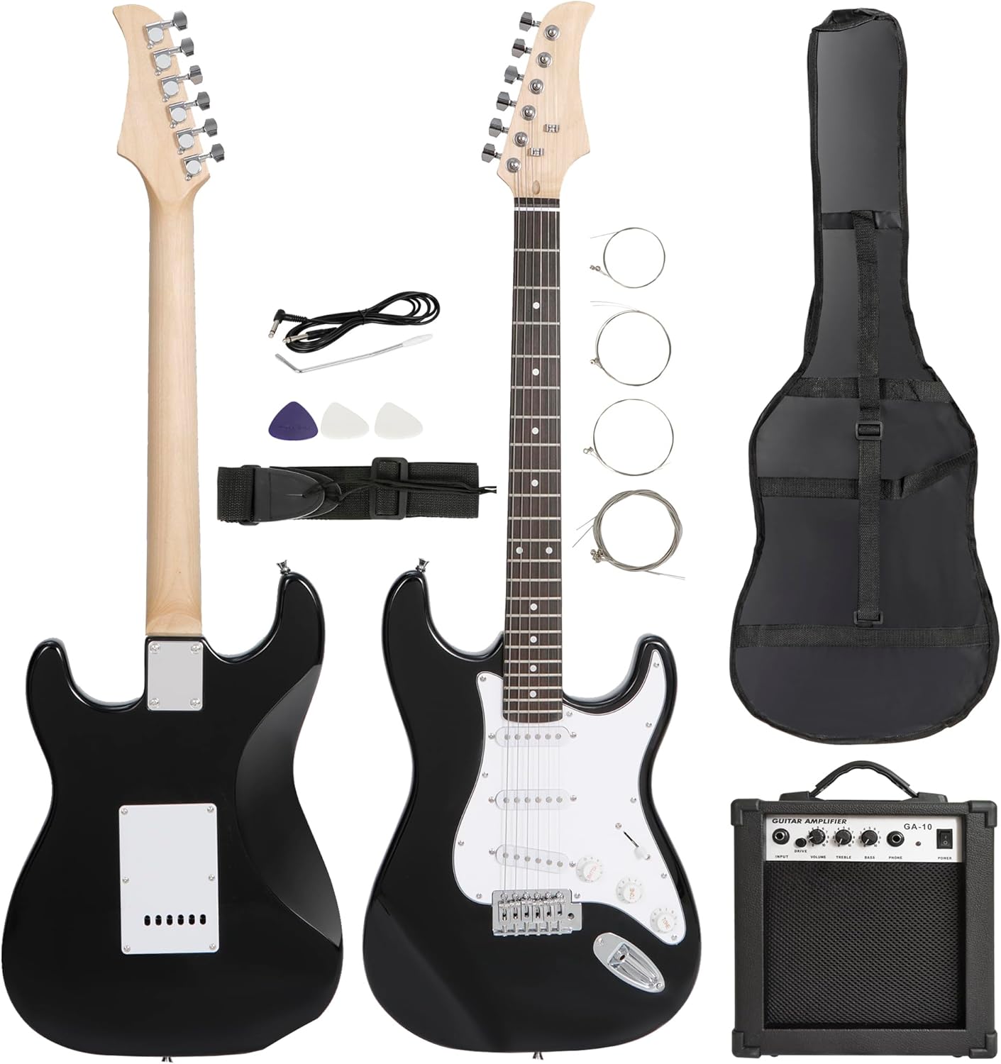39 Inch Full Size Electric Guitar Beginner Starter Kit with 10W Amplifier, Bag, Strap, Strings, Tuner, Cable, Picks, Black