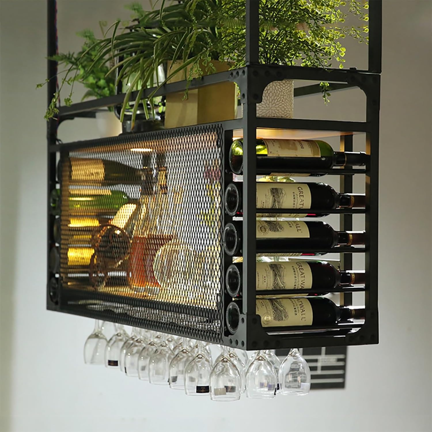 Hanging Wine Rack with Glass Holder and Shelf, 2,Layer Industrial Hanging Wine Glass Rack Ceiling, Iron Bottle Holder Wine Shelf,White,120x30cm Chaser of Light