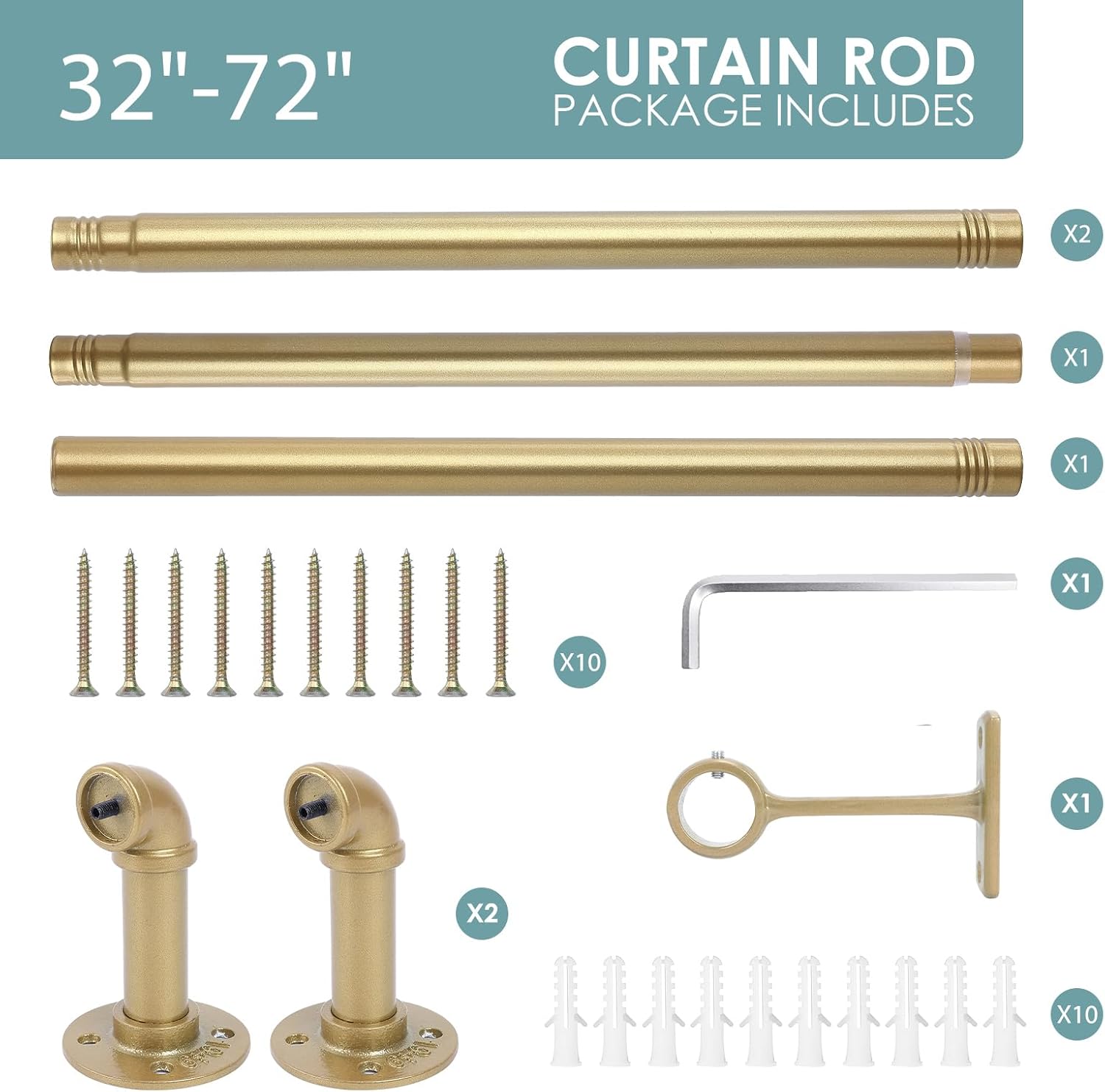 Curtain Rods for Windows 36-72 Inches - Industrial 1-Inch Wrap Around Gold Design - Indoor/Outdoor Room Divider - Adjustable Gold Curtain Rods, 30-72"