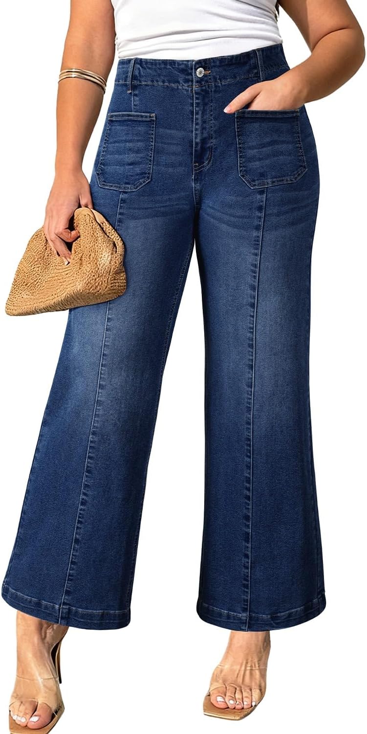 Eytino Women's Plus Size Wide Leg Jeans Elastic Waist Front Seam Stretchy Denim Pants with Pockets(1X-5X)