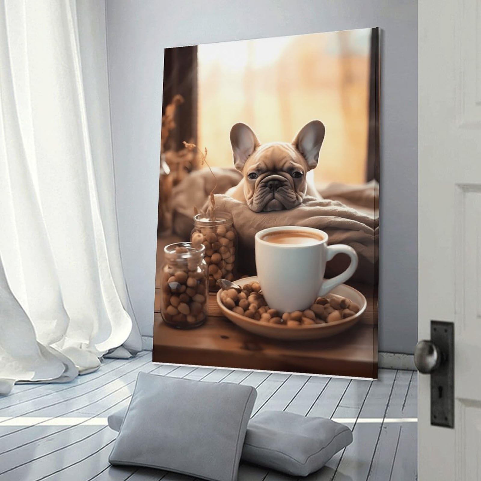 Junmoney Frame-Style-3-1 Hanging Wall Art French Bulldog With Coffee, 20X30inch(50X75cm), For Small Homes, Bedrooms Or Open Spaces, Wall Decor With Flexible Room Appeal