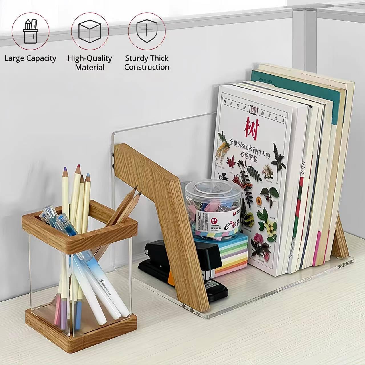 Portalápices estético Transparente para Escritorio, Organizador de Pinceles de Maquillaje de Madera acrílica, Suministros de Oficina, decoración de cubículos