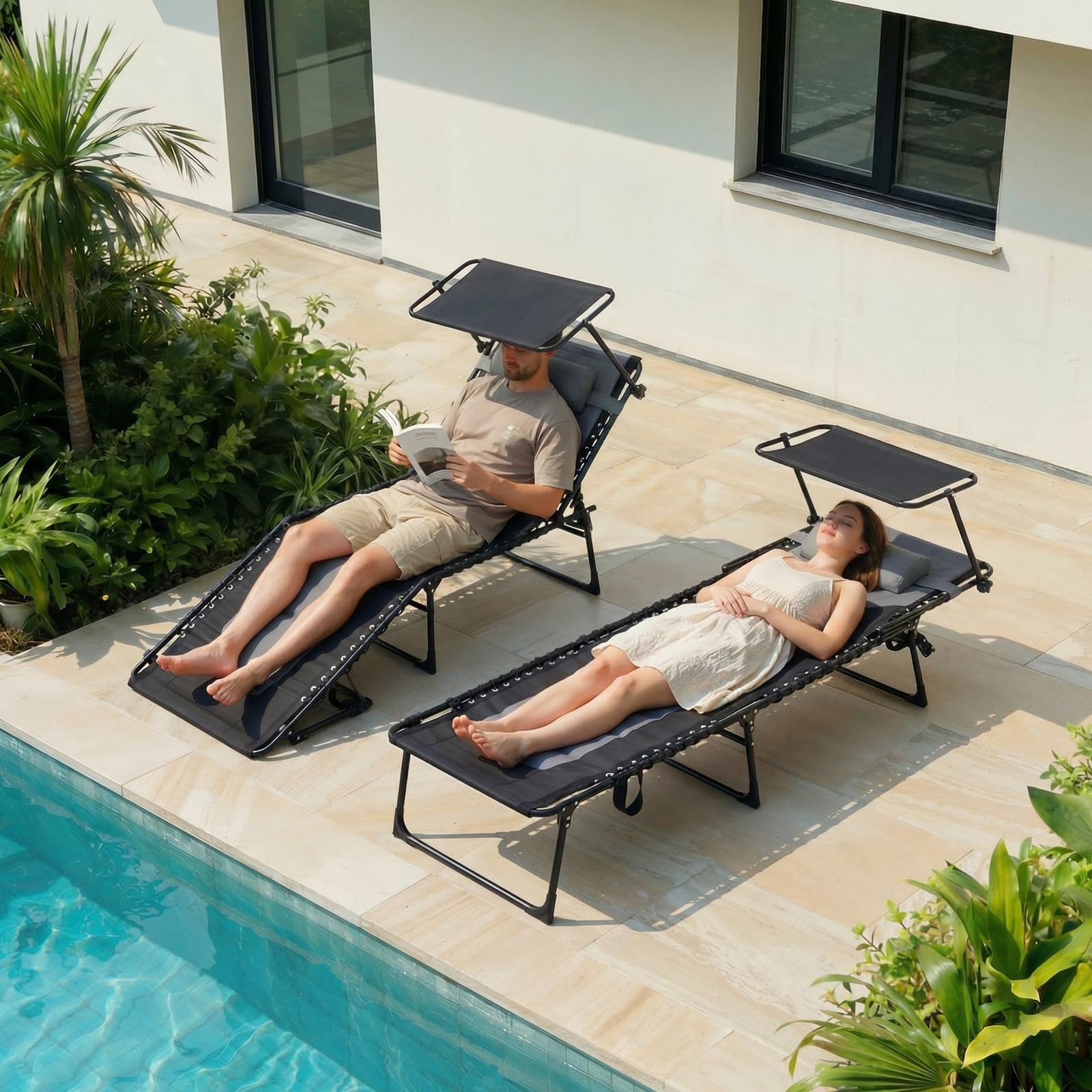 Clevich XXL Sonnenliege klappbar mit Dach, 199 × 66 cm extra breit, gepolstert, Liegestuhl verstellbar mit 5 Rückenlehnen und 2 Beinpositionen, bis 150 kg belastbar, für Pool, Garten, Balkon