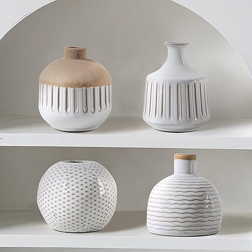 Miniatura 3 de Juego de 4 jarrones pequeños de cerámica minimalista boho para dormitorio, sala de estar, oficina, chimenea, centro de mesa, jarrones blancos