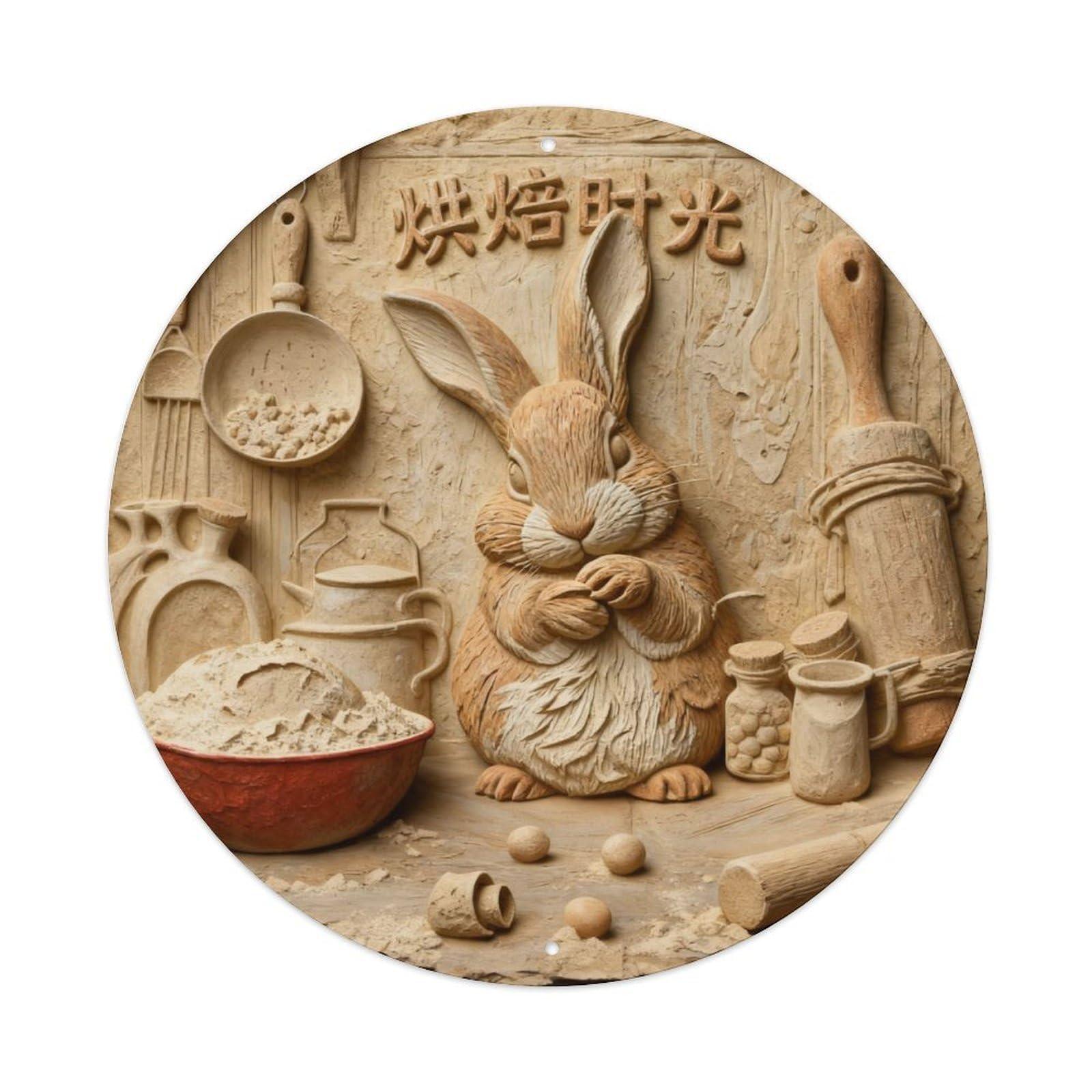 Rabbit Baking Kitchen Scene Art Round Metal Tin Sign Vintage Wall Decor, Bar Garage Cafe Kitchen Home Wall Art Poster 8x8inches
