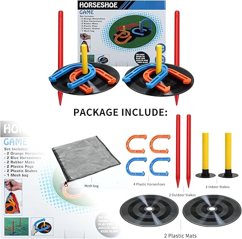 Miniatura 7 de El juego de herraduras de goma para interiores y exteriores incluye 4 herraduras, 2 clavijas, 2 alfombrillas de goma, 2 tacos de plástico rojo,